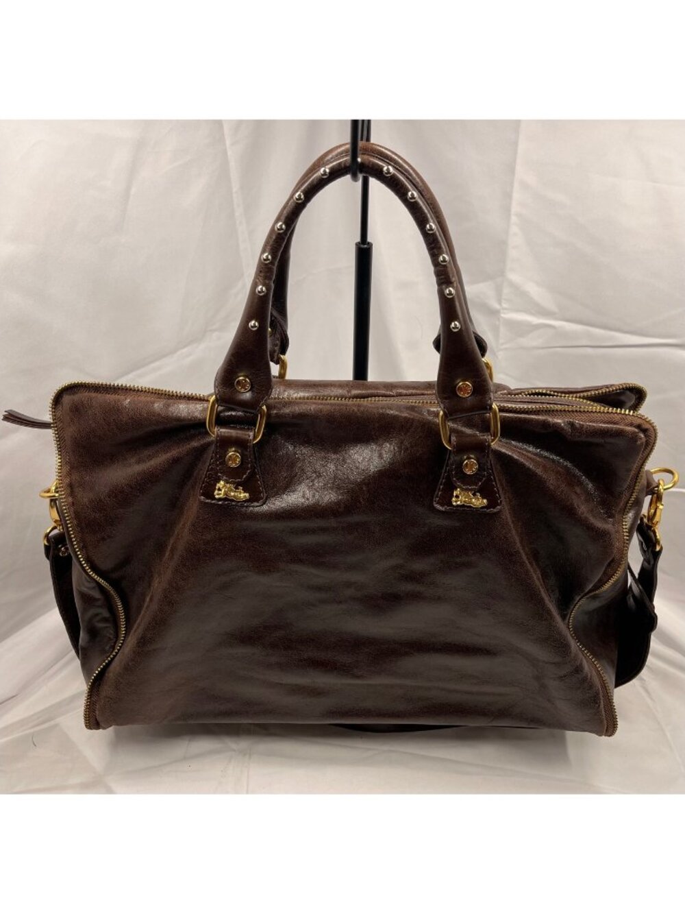 Jenrigo Italian Leather Brown Large Satchel Shoulder Bag Gold Hardware